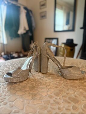 Brash Silver Glitter Platform Block Heel Sandals